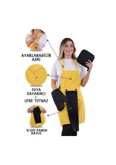 Star Ayar Askılı Havlulu 4lü Mutfak Önlüğü Seti Eldiven Tutacak Sarı-siyah-siyah