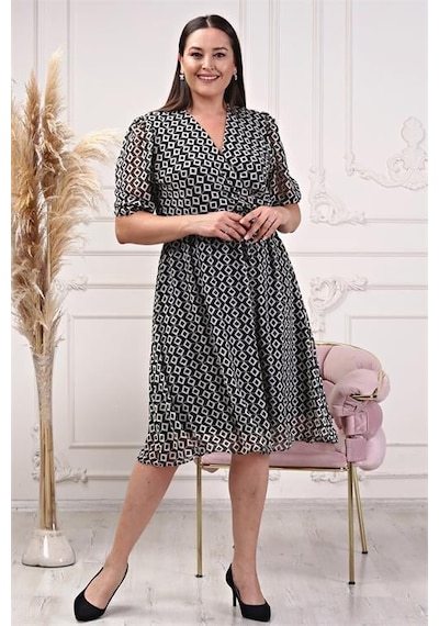 Dip Moda Kadın Kruvaze Yaka Büyük Beden Elbise Dpnb80622 Siyah