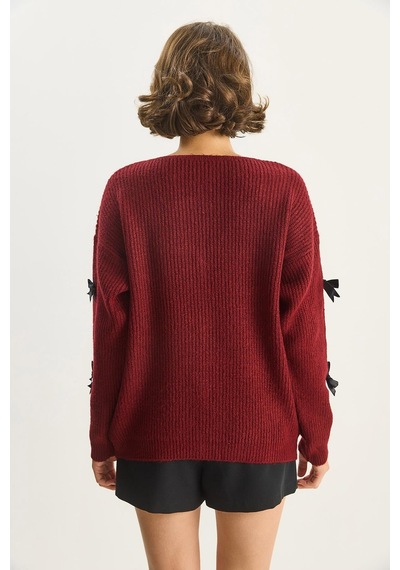 Shade Kadın Fiyonk Aksesuarlı V Yaka Oversize Düğmeli Hırka 60283642 - Bordo