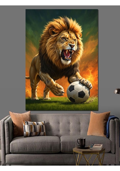 Ahşap Tablo Futbol Oynayan Aslan Resmi
