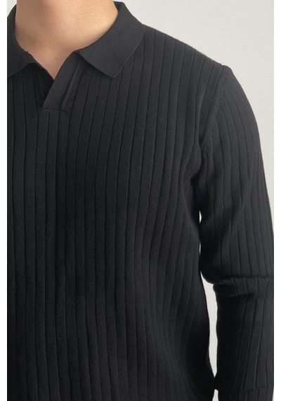 Erkek Siyah Slim Fit Uzun Kollu Polo Yaka Triko Kazak Siyah