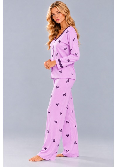 Pijamask Kadın Çiçek Ve Kelebek Desenli V Yaka Düğmeli Uzun Kollu Kaşkorse Pijama Takımı Lila-17 Pijamask Kadın Çiçek Ve Kelebek Desenli V Yaka Düğmeli Uzun Kollu Kaşkorse Pijama Takımı Lila-17