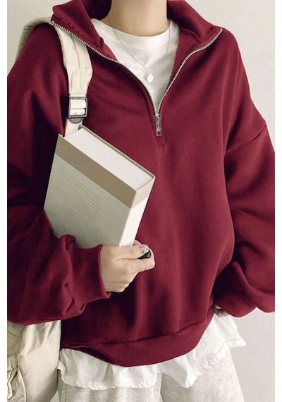 Ghassy Co. Kadın Pamuklu Oversize Silver Yarım Fermuarlı Sweatshirt Bordo