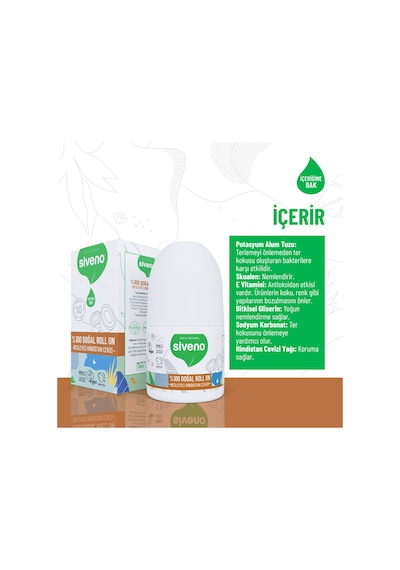 Siveno %100 Doğal Roll On Hindistan Cevizli Deodorant Ter Kokusu Önleyici Bitkisel Leke Bırakmayan Vegan 50 ML