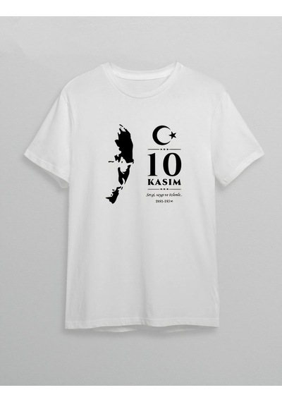 10 Kasım Atatürk Anma Günü Silüet Baskılı Oversize Bisiklet Yaka T-shirt - Beyaz