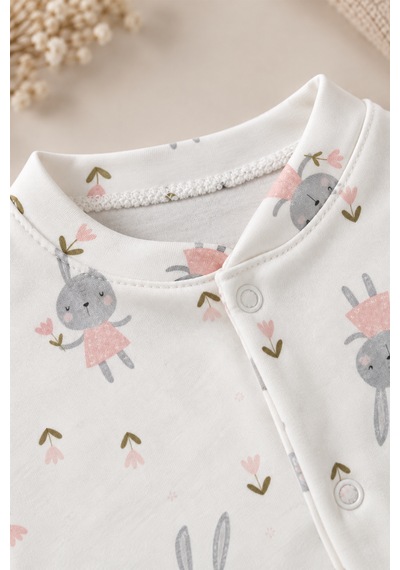 Luppinos Soft Dream Geniş Kalıp %100 Pamuk Tavşan Baskılı Çıtçıtlı Tulum Beyaz