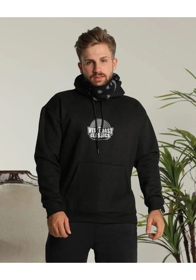 Freedom Storee Erkek 3 İplik Pamuklu Kapüşonlu Baskılı Cepli Oversize Sweatshirt Hoodie - Siyah Çok Renkli