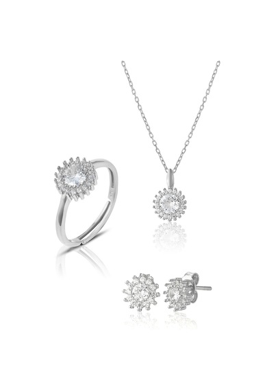 Zanaatsilver 925 Ayar Gümüş Rodyum Kaplamalı Elmas Montürlü 3'lü Set & Takım