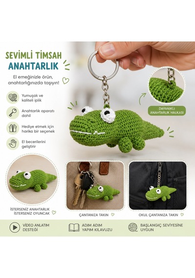 Bakgelal Mini Amigurumi Timsah Yapım Kiti, Anahtarlık Dıy Hobi Seti, Video Anlatımlı