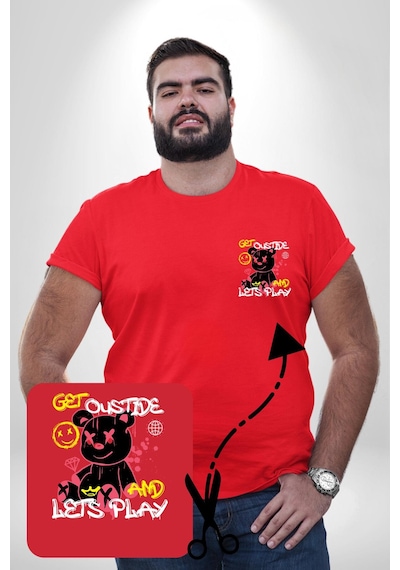 Angemiel Dışarı Çık Ve Oynayalım Teddy Kırmızı Büyük Beden Kadın Basic Minimal Baskılı Tişört Kırmızı