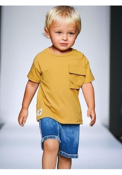 Çikoby Erkek Bebek Basic Cep Detaylı Tshirt-15856 Hardal