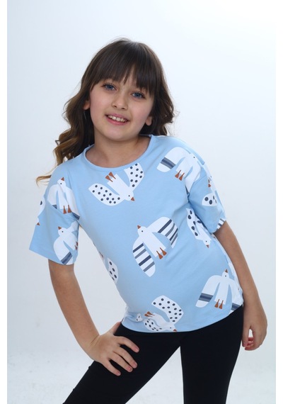 Toontoy Kids Toontoy Kız Çocuk Kuş Pano Baskılı Tişört Mavi