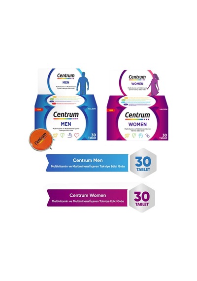 Centrum Women Multivitamin 30'lu Tablet + Centrum Men Multivitamin 30'lu Tablet + Vitamin Kutusu Hediye