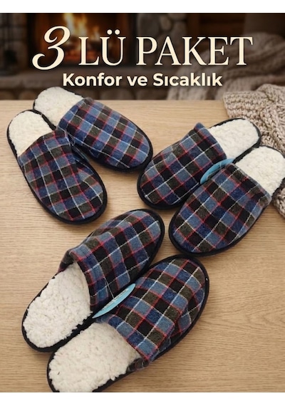 Noxmark İçi Tüylü Ekose Desen 3lü Paket Kışlık Erkek Ev Terliği Çeyiz Misafir Terliği Çok Renkli