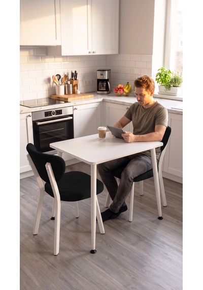 Belek Serisi Mdf Sabit 60x90 Beyaz Mutfak Masası Takımı 2 Adet Sandalye Beyaz Masa Siyah Sandalye
