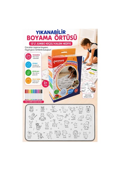 Boyama Örtüsü Yıkanabilir Hayvan Modeli 100x15 Cm 1 Paket 12 Renk Jumbo Keçeli Kalem Penmark Sevinli Hayvanlar Boyama