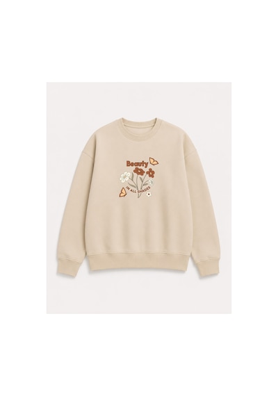 Herkesemoda Beauty Baskı Detaylı Bisiklet Yaka Şardonlu 2 İplik Sweatshirt Bej