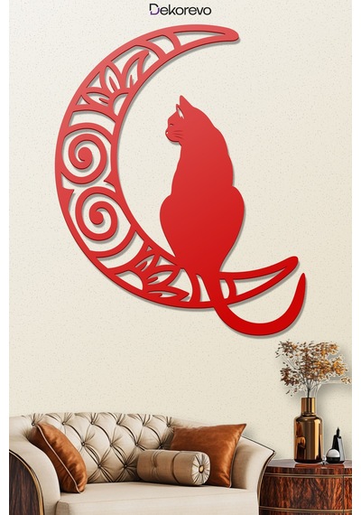 Aydaki Kedi Metal Duvar Tablosu - Metal Duvar Sanatı - Kırmızı - 60 X 75 Cm