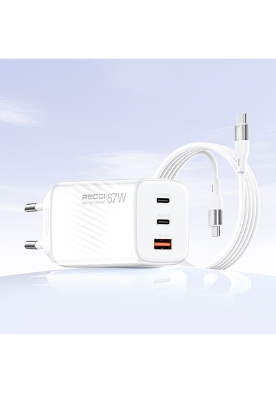 Recci Rc85e Gan Teknolojili Hızlı Şarj Başlığı Usb-a To Type-c Pd 67w Kablolu Şarj Seti Beyaz