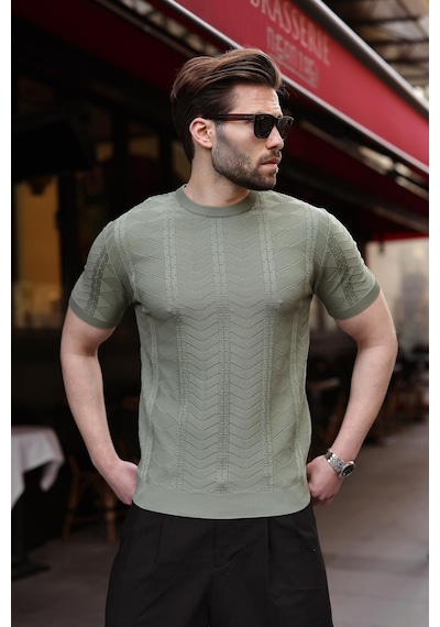 Haki Bisiklet Yaka Slim Fit Triko Erkek Tişört E7466