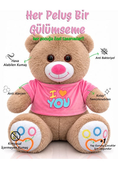 Ayıcık Elbiseli Ayıcık Yeni Seri Renkli 60cm - I Love You & Hediyelik Ayıcık Peluş Oyuncak Açık Kahverengi