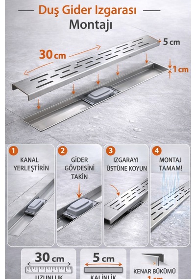 30 Cm Lineer Duş Gider Izgarası 304 Paslanmaz Çelik 5 Cm Genişlik Üst Kanal Izgarası
