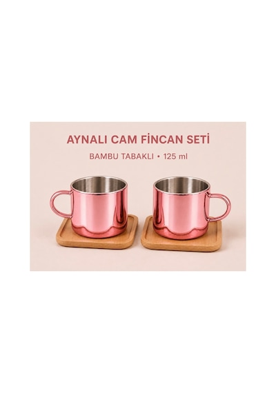 Aynalı Borosilikat Cam Türk Kahvesi Fincan Seti,kırmızı,2x125ml Bambu Tabaklı, Isıya Dayanıklı Pembe