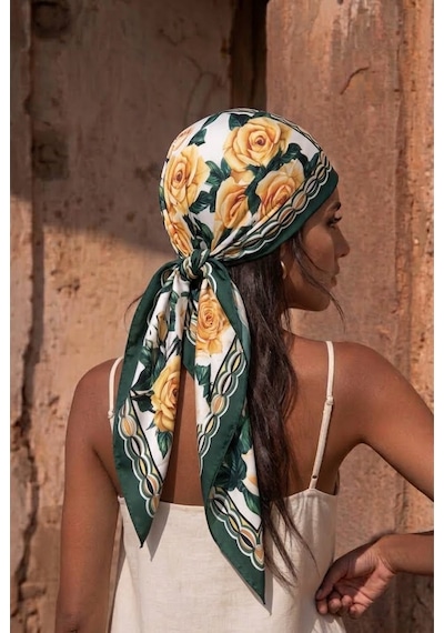 Trend Dokunuş Kadın 70-70 Saten Güldesenli Fular Bandana Gül