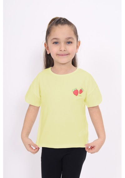 Toontoy Kids Toontoy Kız Çocuk Yakası Çilek Baskılı Tişört Sarı