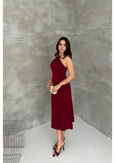 Neşeli Butik Kadın Bordo Sırt Dekolteli Metal Yaka Midi Elbise Nbk4543 Bordo