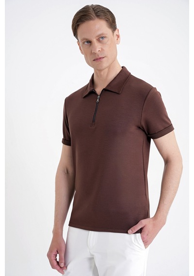 Efor Slim Fit Esnek Pamuklu Fermuarlı Kahverengi Polo Yaka Tişört Ts 926