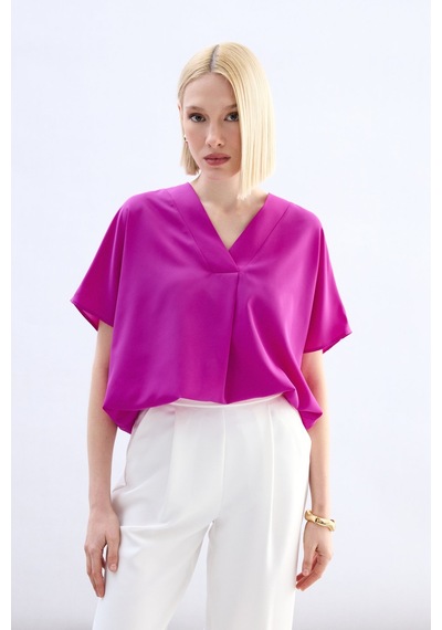 Sateen Geniş Kısa Kollu Bluz - Fuşya-136762 Fuşya