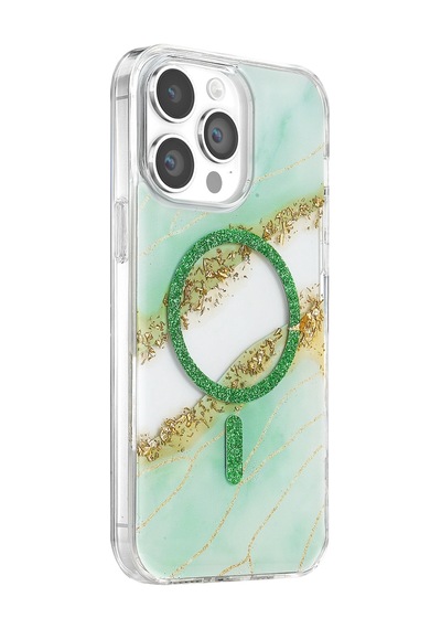 Onegif Apple İphone 14 Pro Max Lotus Simli Magsafe Kapak - Yeşil - Yeşil