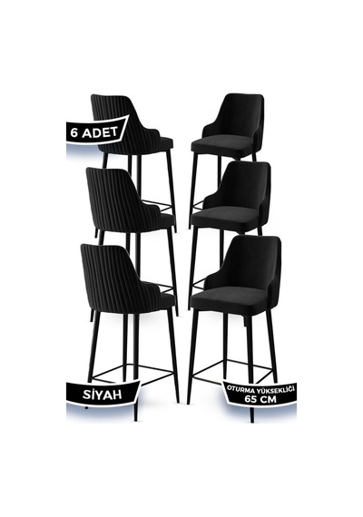 Canisa Tera Serisi 6 Siyah Sandalye 65 Cm Ada Mutfak Bar Sandalyesi Babyface Kumaş Siyah Metal Ayaklı Sandalyeler Siyah Ayaklar Siyah