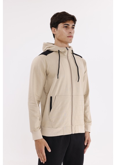 Rowinger Omuz Panel Detaylı Fermuarlı Kapüşonlu Erkek Sweatshirt Beıge