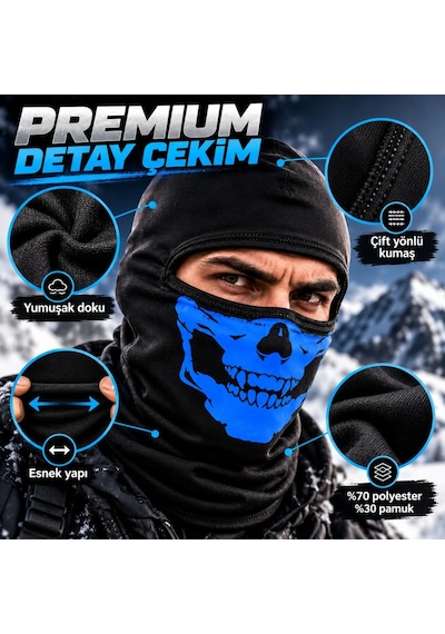 Genel Unisex Mavi Kurukafa Desenli Balaklava Kar Maskesi Siyah Tam Kafa Motorcu Boyun Siyah / Standart