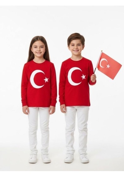 Zekids Çocuk Uzun Kollu Kırmızı Türk Bayraklı T-shirt-17210 KIrmızı