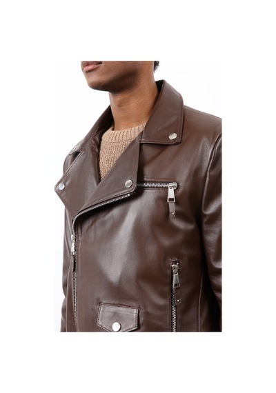 Antioch 100% Deri Biker Ceket Kahve