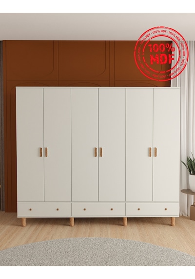 Bohem 6 Kapaklı Çekmeceli Gardırop - Tamamı Mdf Beyaz