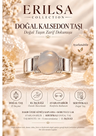 Sertifikalı Doğal Kalsedon Taşı Ayarlanabilir El İşçiliği Gümüş R Çok renkli