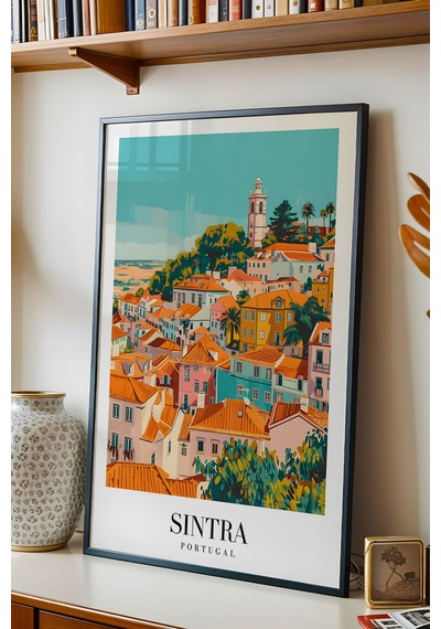 Sintra Portugal Vintage Seyahat Posteri Çerçeveli Tablo - Premium Portekiz Masalsı Duvar Dekoru Siyah