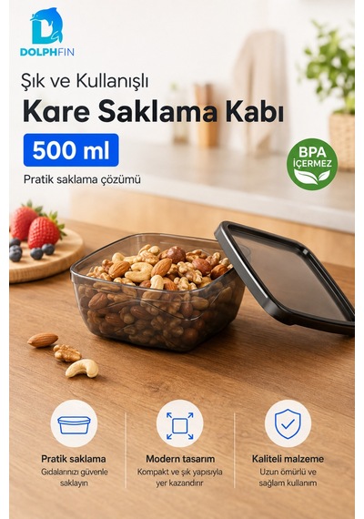 Kare Saklama Kabı 500 Ml Füme Şeffaf Siyah Kapaklı Buzdolabı Kabı Bpa İçermez