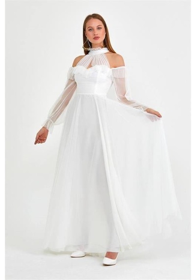 Dip Moda Dipmoda Kadın Beyaz Tül Drapeli Uzun Abiye Elbise Nbswll07 Beyaz