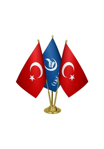 Masa Üstü Ülkü Ocakları Bayrağı Türk Bayrağı Üçlü Pirinç Direk Ma