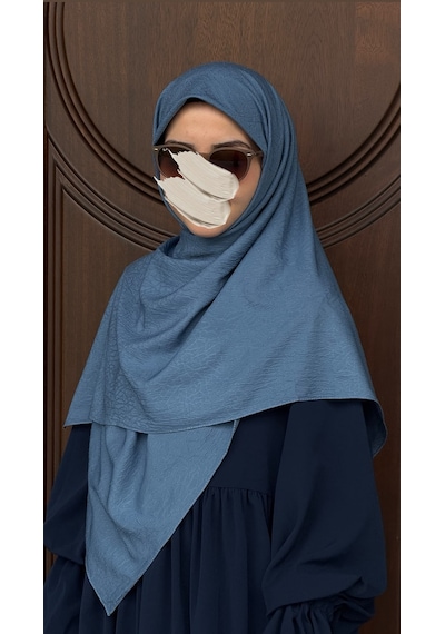 Qalortex Scarf Premium Jakarlı Hüma Büyük Boy Eşarp -indigo