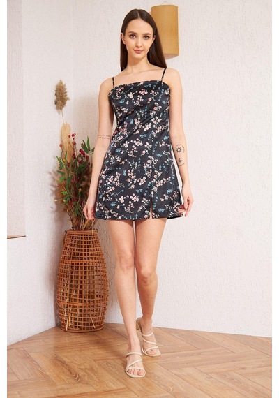 Darlin Moda Siyah Çiçek Desenli Saten Elbise Dm1009 Siyah Darlin Moda Siyah Çiçek Desenli Saten Elbise Dm1009 Siyah
