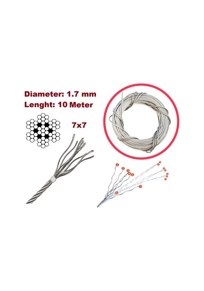 10 Metre 7x7 Çelik Tel Halat Cam Kriko Tamir Kablosu Çap:1.7 Mm Standart