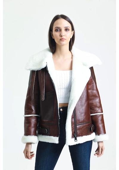 M M Marki Marki Kadın Kahverengi Vintage Deri Mont, Beyaz Kürklü, Balıkçı Yaka, Oversize, Şık Ve Sıcak - 105222