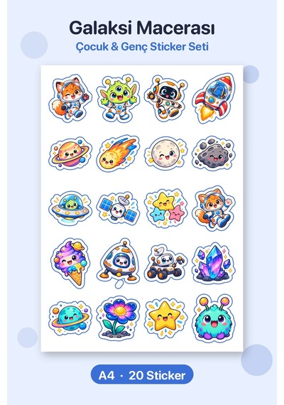 Galaksi Macerası 20 Adet Mini Uzay Sticker Çıkartma A4 Kırtasiye Etiketi Çok Renkli