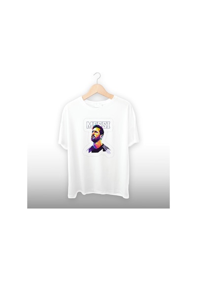 Messi Çizimi Detaylı Unisex Tişört Beyaz